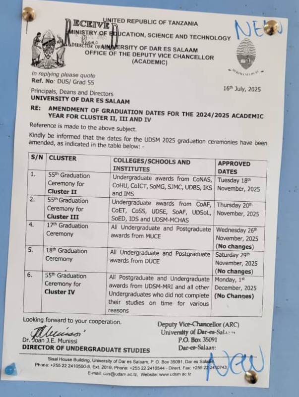 University of Dar es Salaam Announces 2024/2025 Graduation Ceremonies